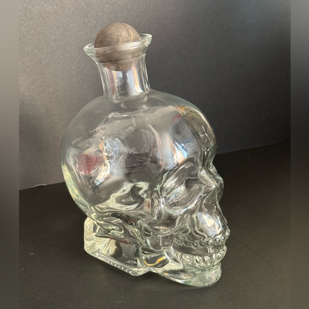 Clear Glass Skull Decanter with Wood Stopper
